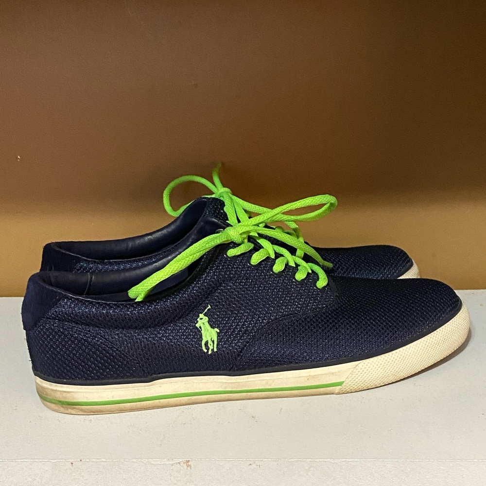Navy Blue and Bright Green Polo Ralph Lace Up Casual Shoes Size 10.5 - Picture 4 of 10